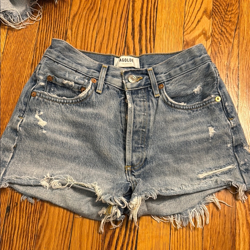 Agolde Frayed Hem Jean Shorts - Light Blue